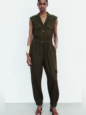 Zara Olive Green Sleeveless Utility Jumpsuit